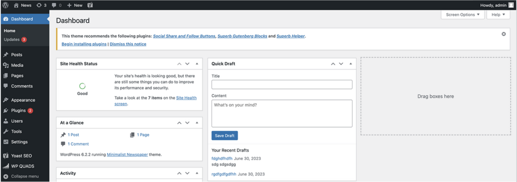Màn hình quản lý của Wordpress (Dashboard)